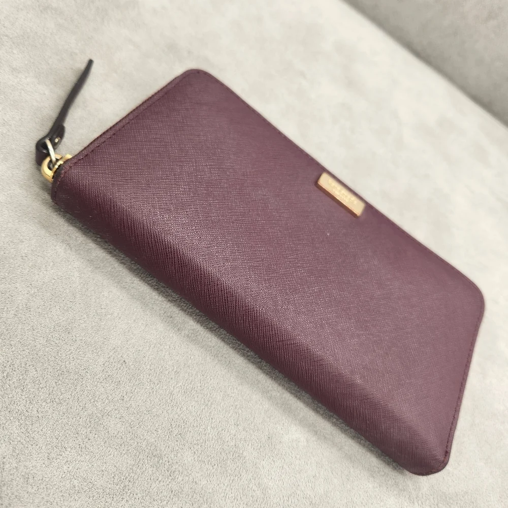 Kate Spade Zip Around Wallet Plum Purple Saffiano Leather Neda Laurel Way Logo